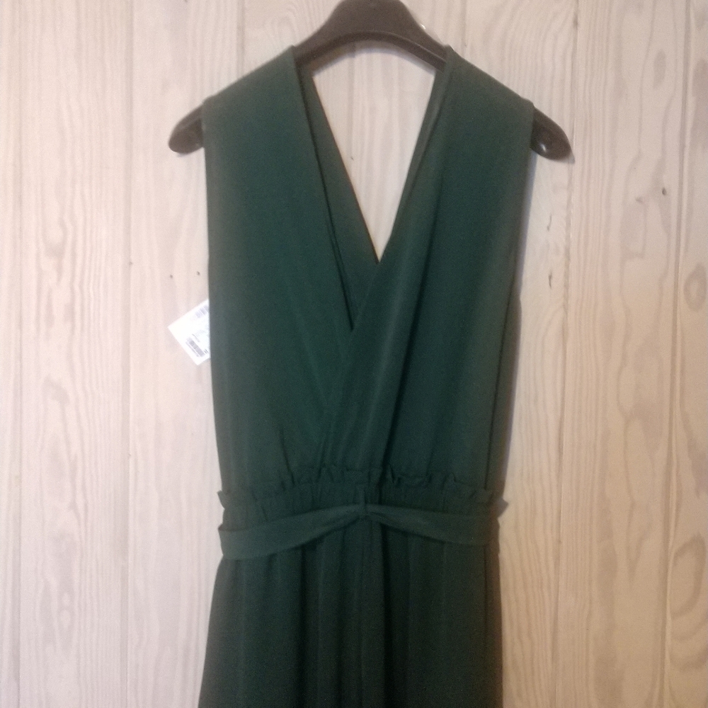 Monteau LA Womens 2X V-Neck Split Leg Hunter Green Tank Sleeve Belted Jumpsuit
